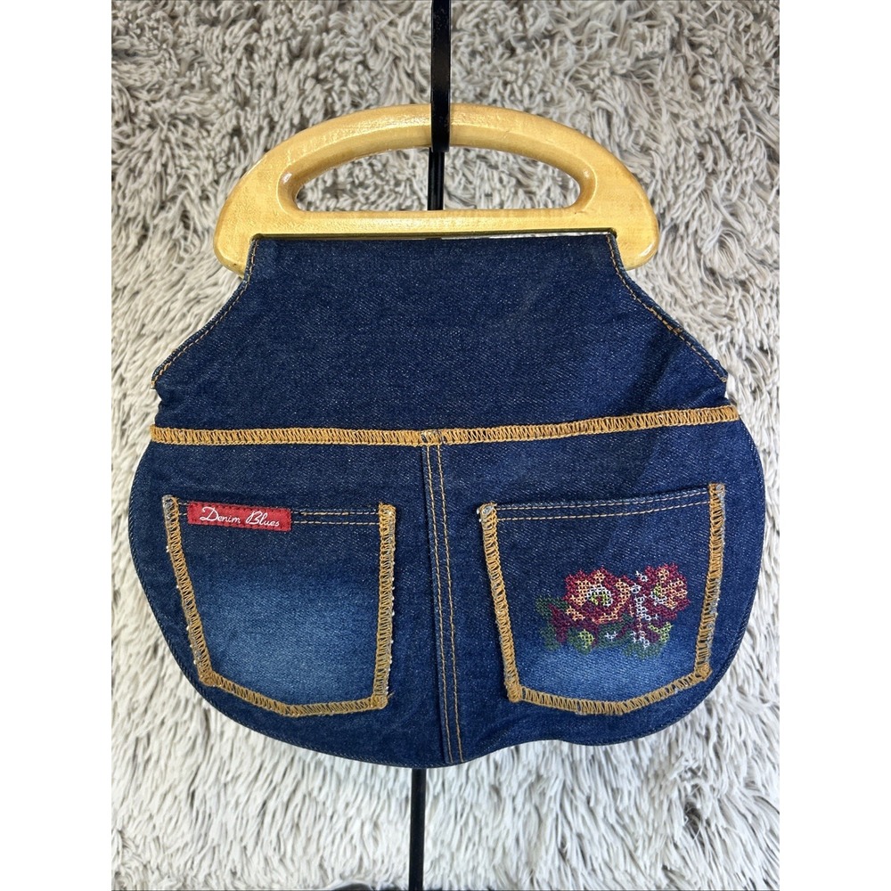 Denim Blues‎ Cross Stitch Flower Faded Pockets Purse Round Wooden Handle Small